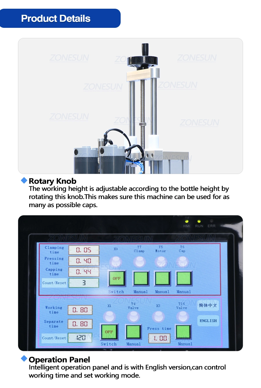 Zonesun Pneumatic Plastic Square Round Glass Bottles Hand Sanitizer Screw Automatic Bottle Capping Machine